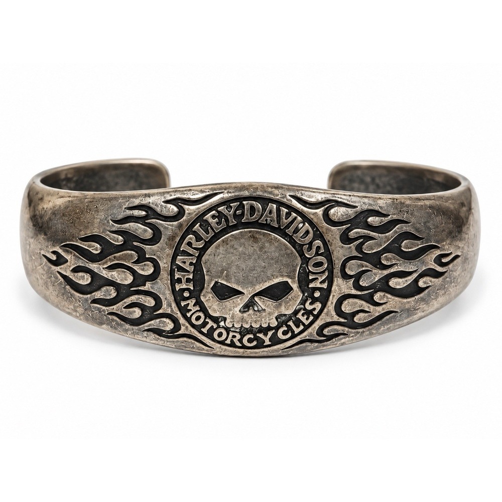 Harley-Davidson 925 Sterling Silver Skull Flames 7.25" Cuff Biker Bracelet